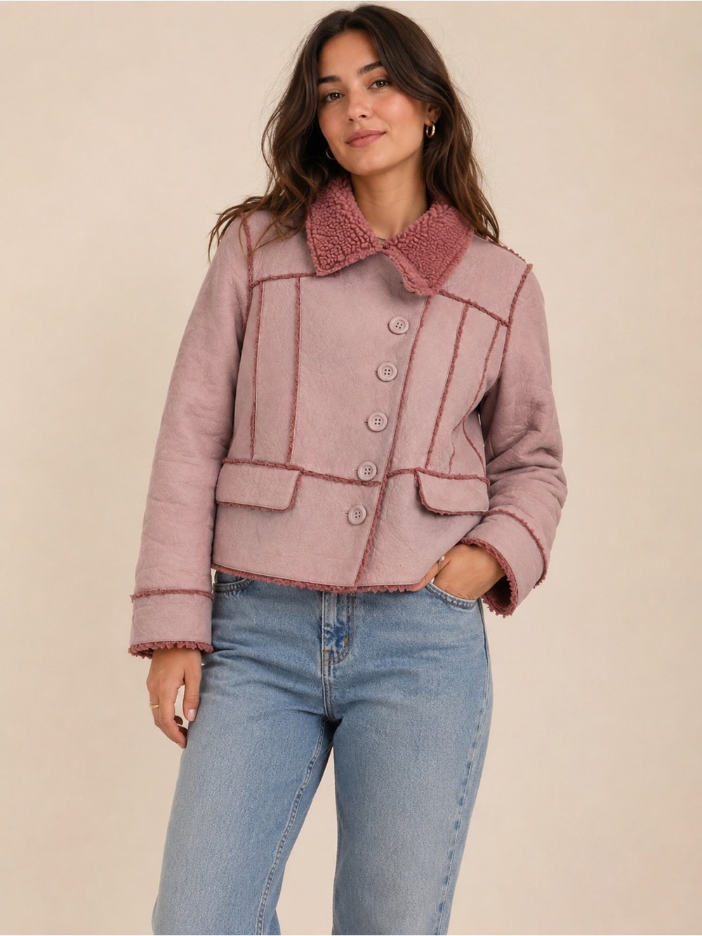 Lei Faux Shearling Sherpa Button Front Jacket Coat Women’s Pink y2k